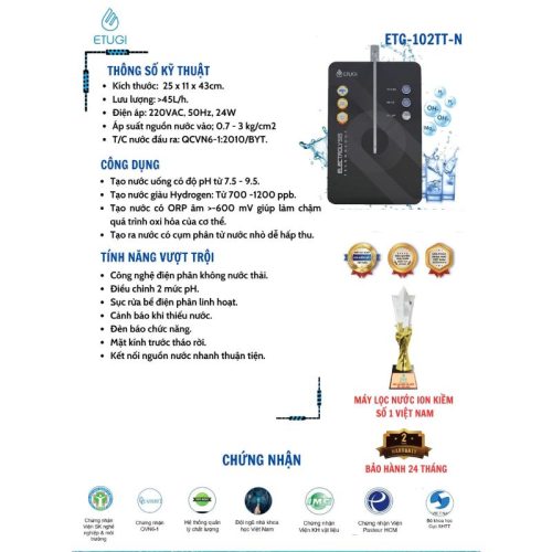 Chi tiết máy điện phân ion kiềm Etugi ETG102TT-N