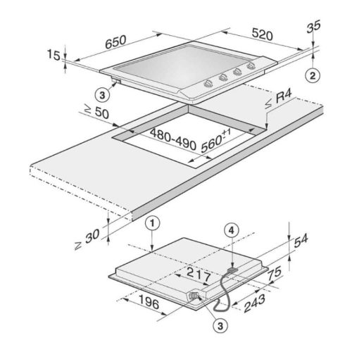 Kích thước bếp Gas Miele 4 vùng nấu KM 2010 G lắp âm