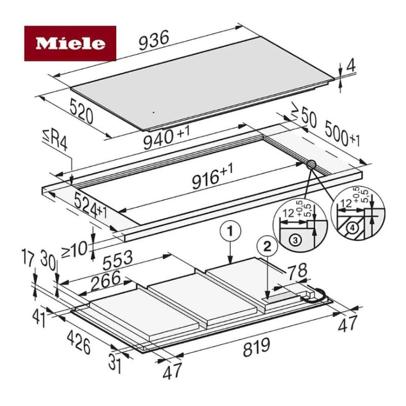Kích thước bếp từ đa điểm Miele KM 7897 FL lắp âm Kích thước bếp từ đa điểm Miele KM 7897 FL lắp âm