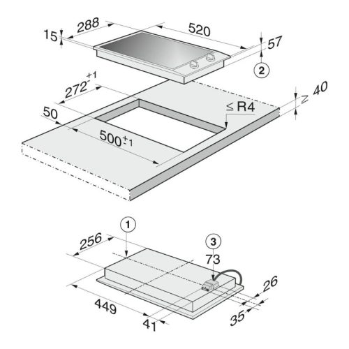 Kích thước bếp từ Domino Miele 2 vùng nấu CS 1212-1 I lắp âm
