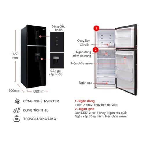 Kích Thước Tủ lạnh 2 cánh ngăn đá trên Inverter 318 lít Aqua AQR-T369FA(WGB)