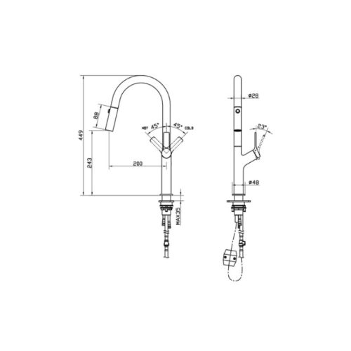 Kích thước vòi rửa bát nóng lạnh Hafele LUX-P HT25-SH1F449 570.85.045 Chrome mờ