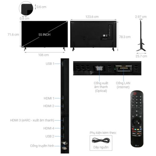 Kích thước smart Tivi QNED LG 4K 55 inch 55QNED80SRA
