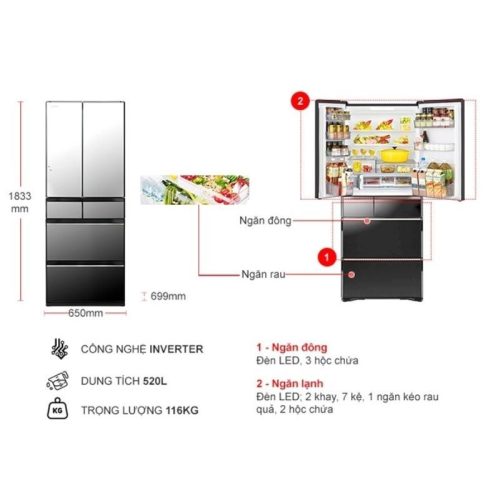 Kích thước tủ lạnh Hitachi Inverter 520 lít R-HW530NV X