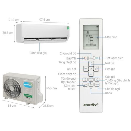 kich thuoc may lanh comfee inverter 2 hp cfs 18vgdf